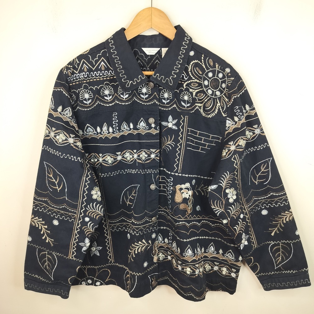 Laura Ashley Floral Embroidered Jacket 3X Button Up Black Gold Metallic